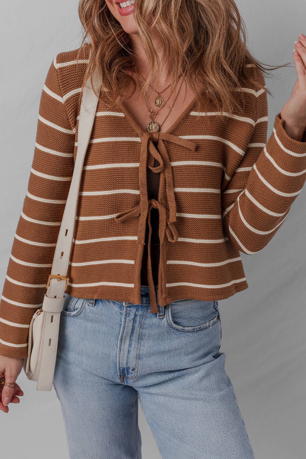 Stripe Knit Tie Front Cardigan Sweater