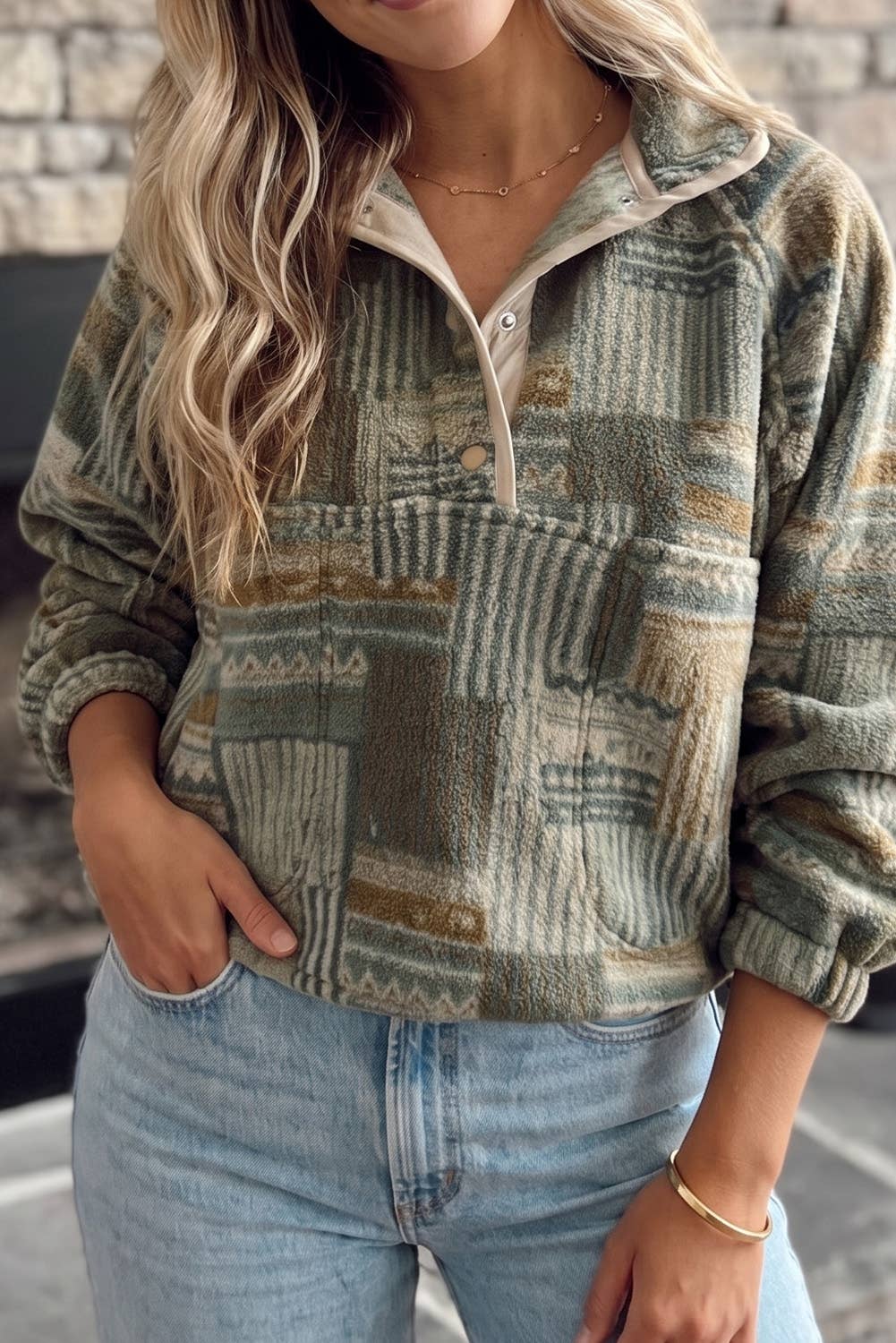 Western Print Fleece Pullover Casual Fit Sweatshirt