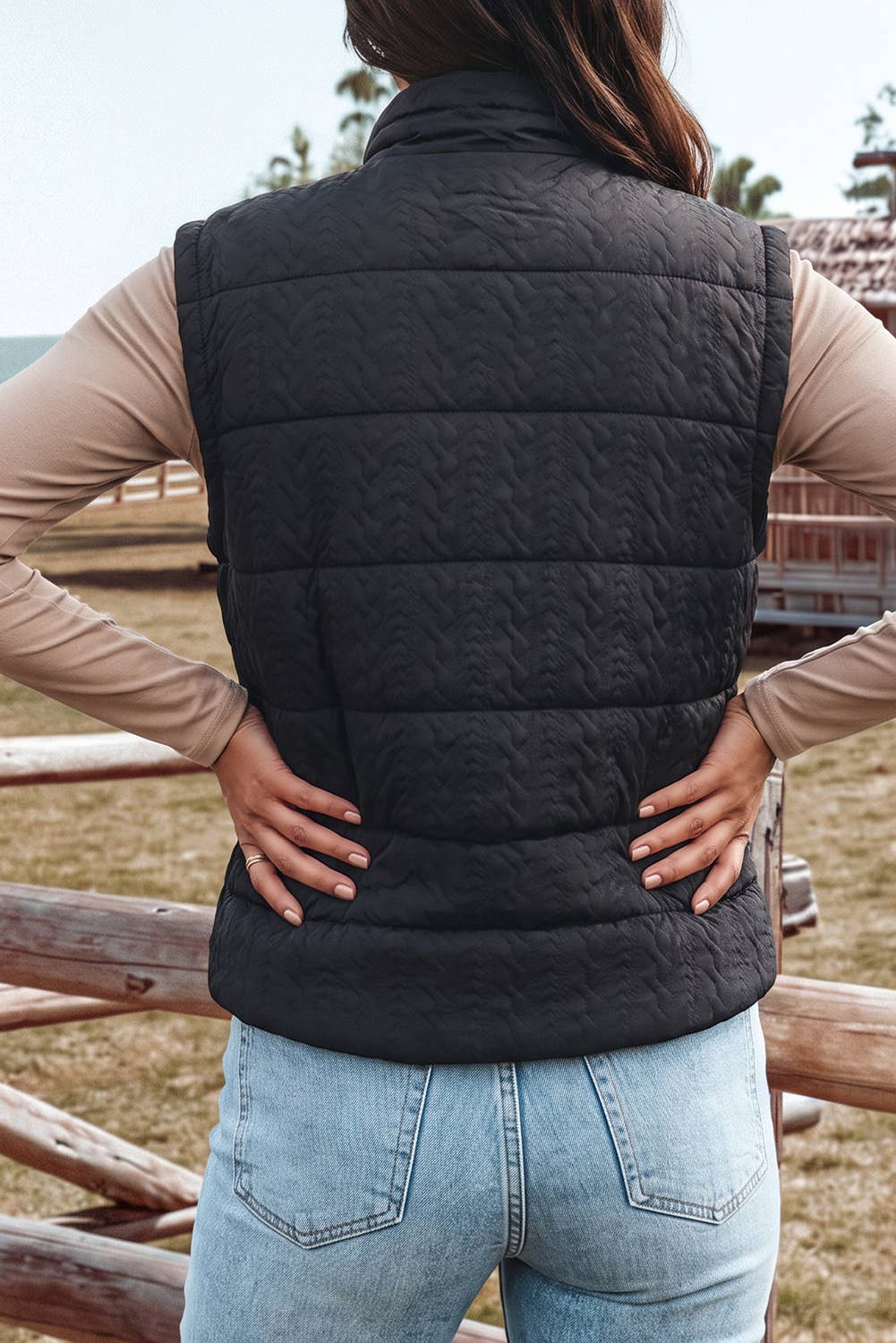 Textured Quilted Stand Neck Zipper Winter Vest