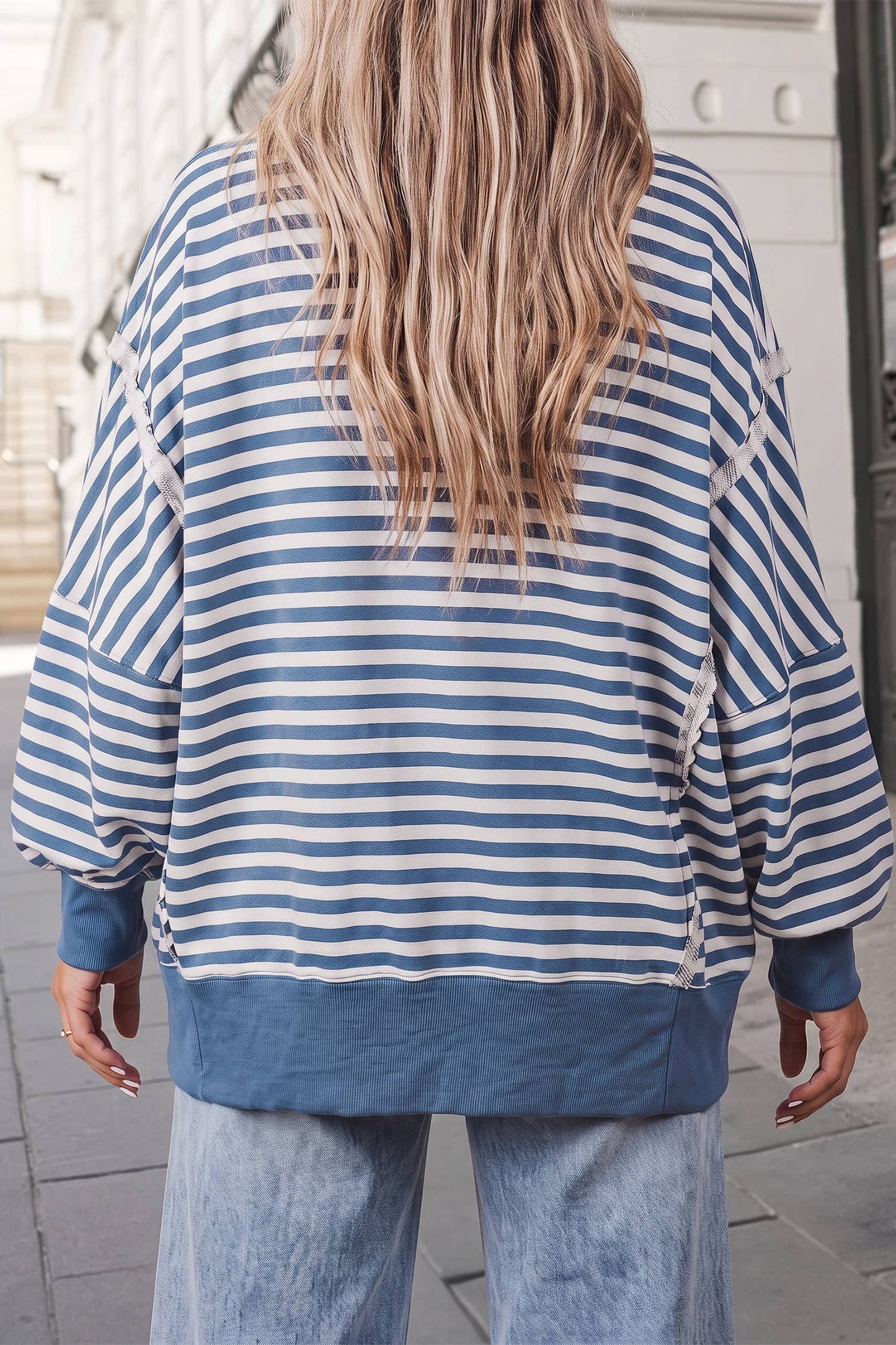 Striped Print Split Hem  Oversized Sweatshirt