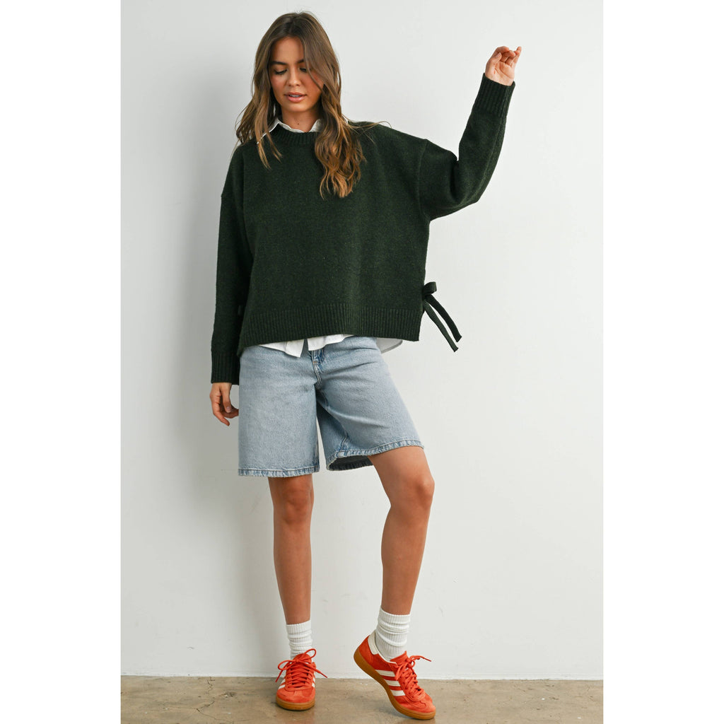 Tie Split-Hem Crewneck Long Sleeve Top - Olive