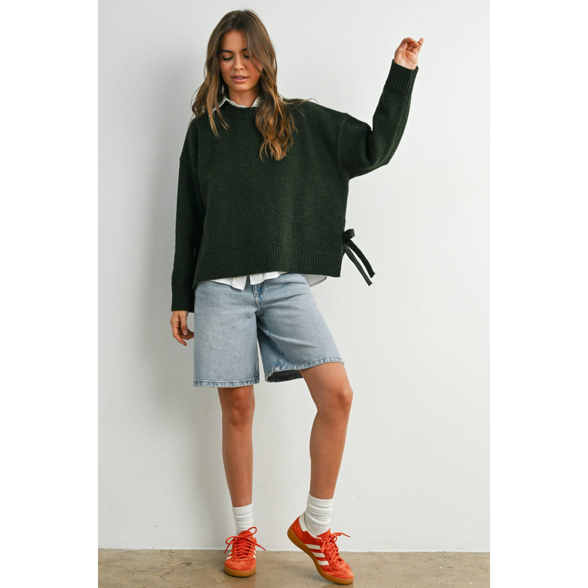 Tie Split-Hem Crewneck Long Sleeve Top - Olive