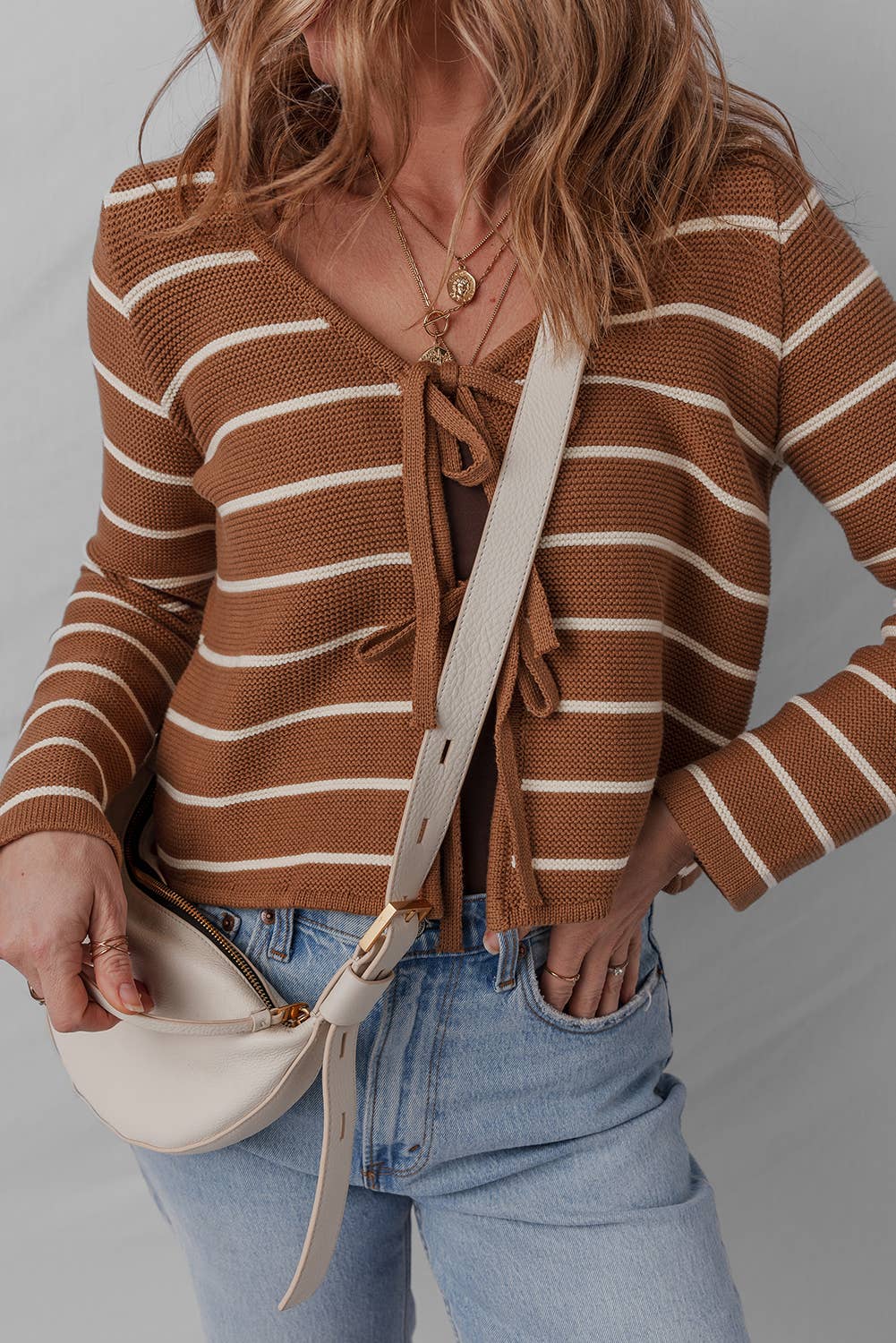 Stripe Knit Tie Front Cardigan Sweater