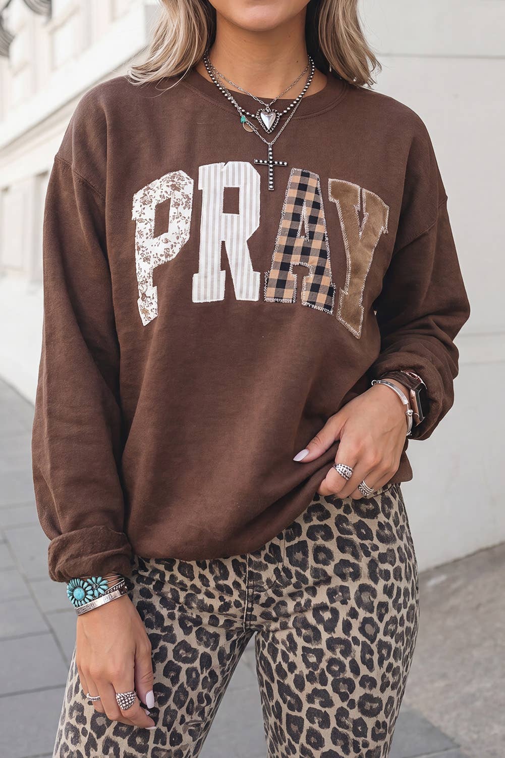 PRAY Graphic Letter Print Western Sweatshirt