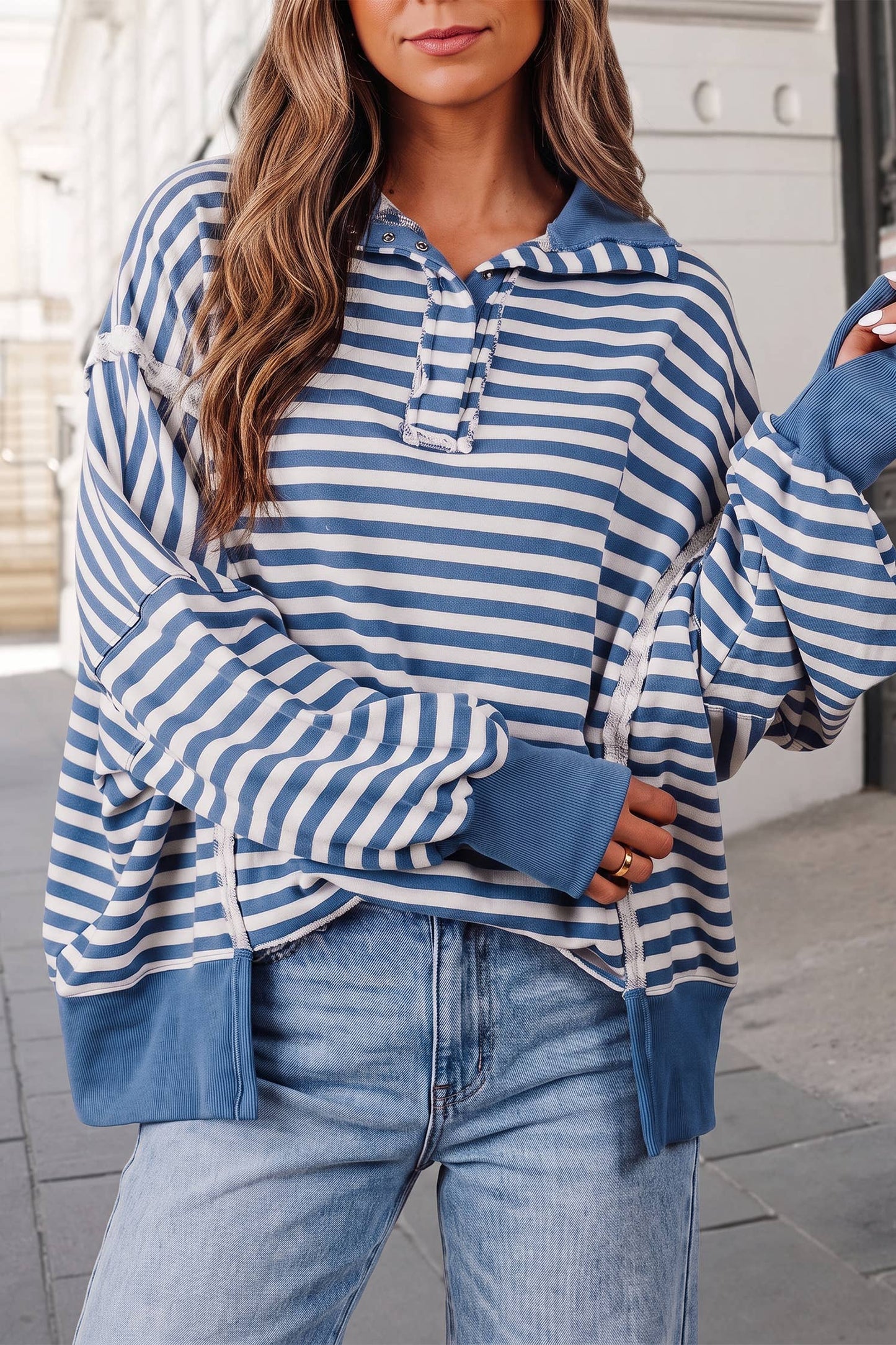 Striped Print Split Hem  Oversized Sweatshirt