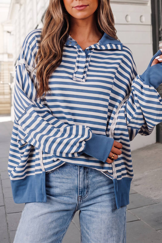 Striped Print Split Hem  Oversized Sweatshirt