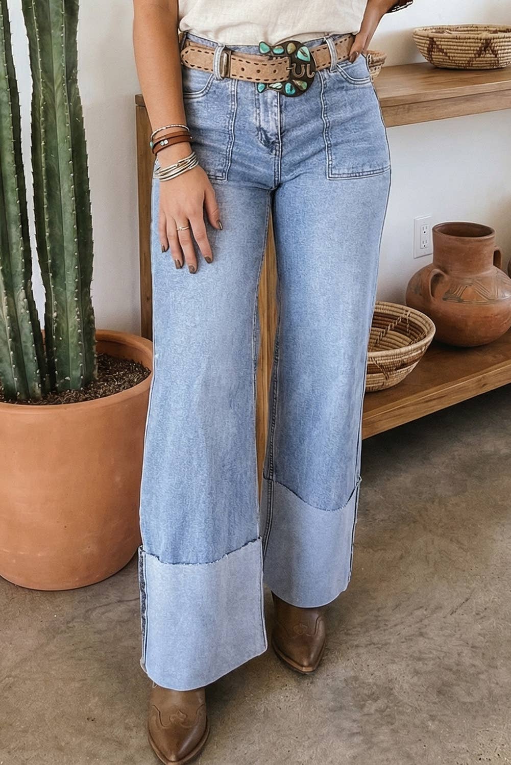 Button Solid Turn-up Cuffs Wide Leg Jeans