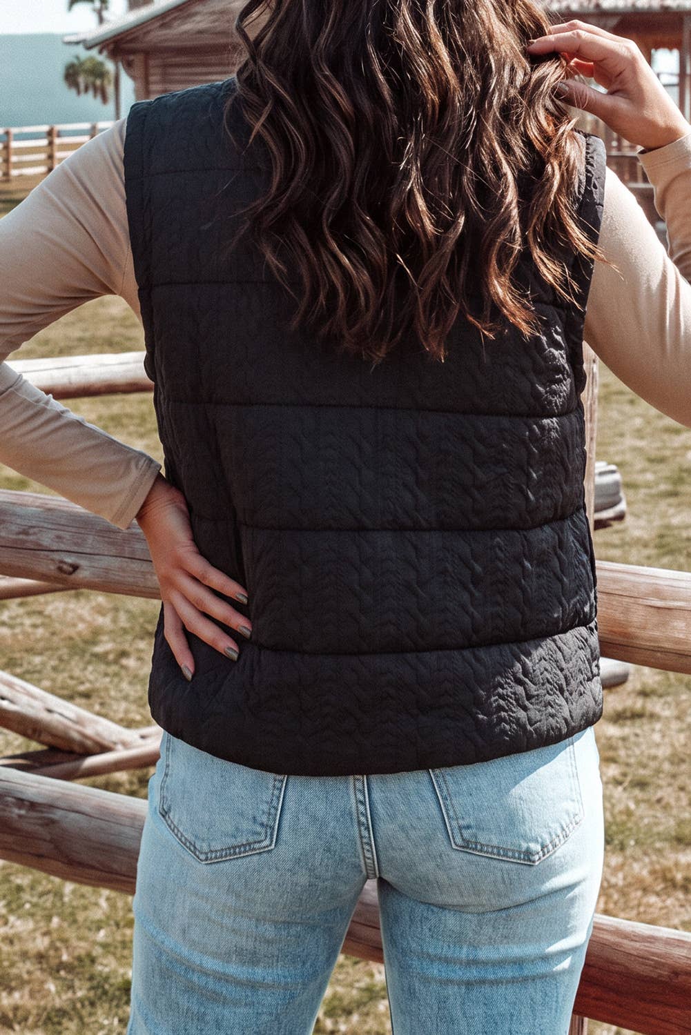 Textured Quilted Stand Neck Zipper Winter Vest