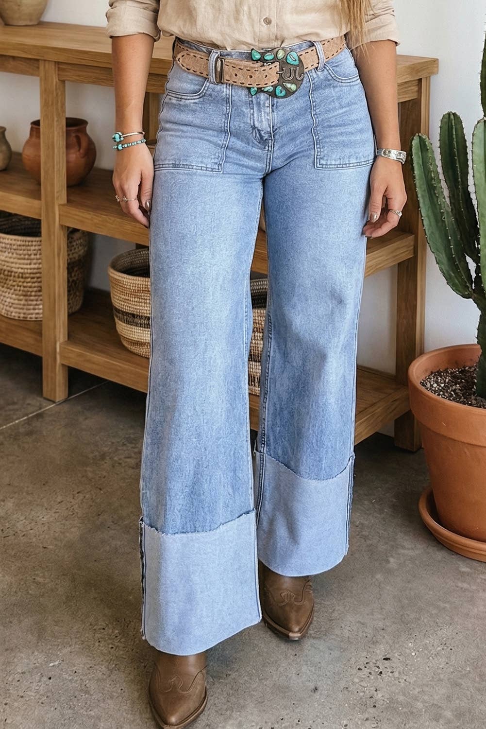 Button Solid Turn-up Cuffs Wide Leg Jeans