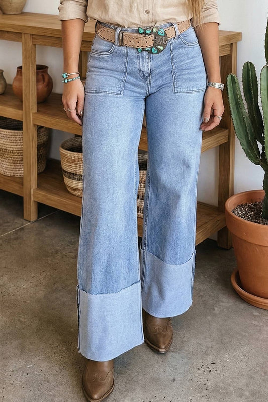 Button Solid Turn-up Cuffs Wide Leg Jeans