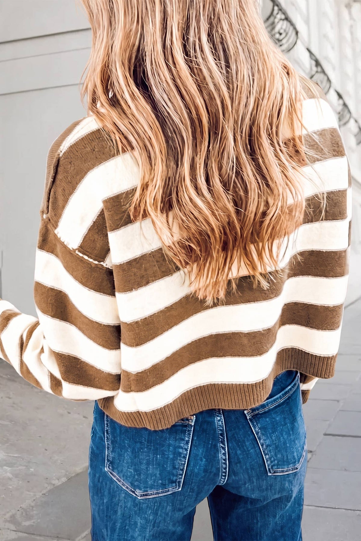 Striped Seam Drop Shoulder Baggy Sweater