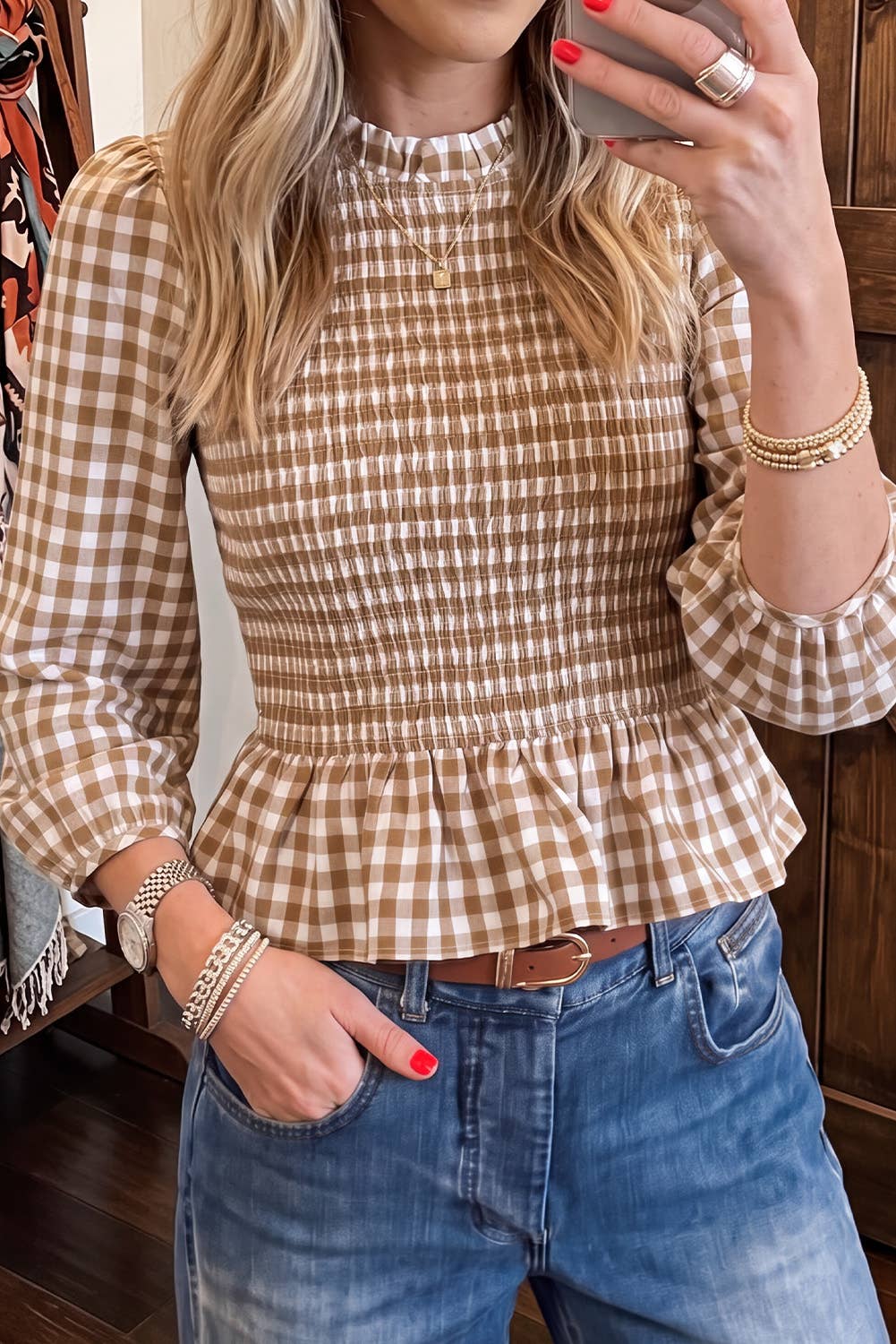 Shirred Plaid Round Neck Peplum Top