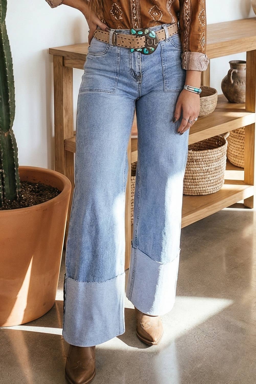 Button Solid Turn-up Cuffs Wide Leg Jeans