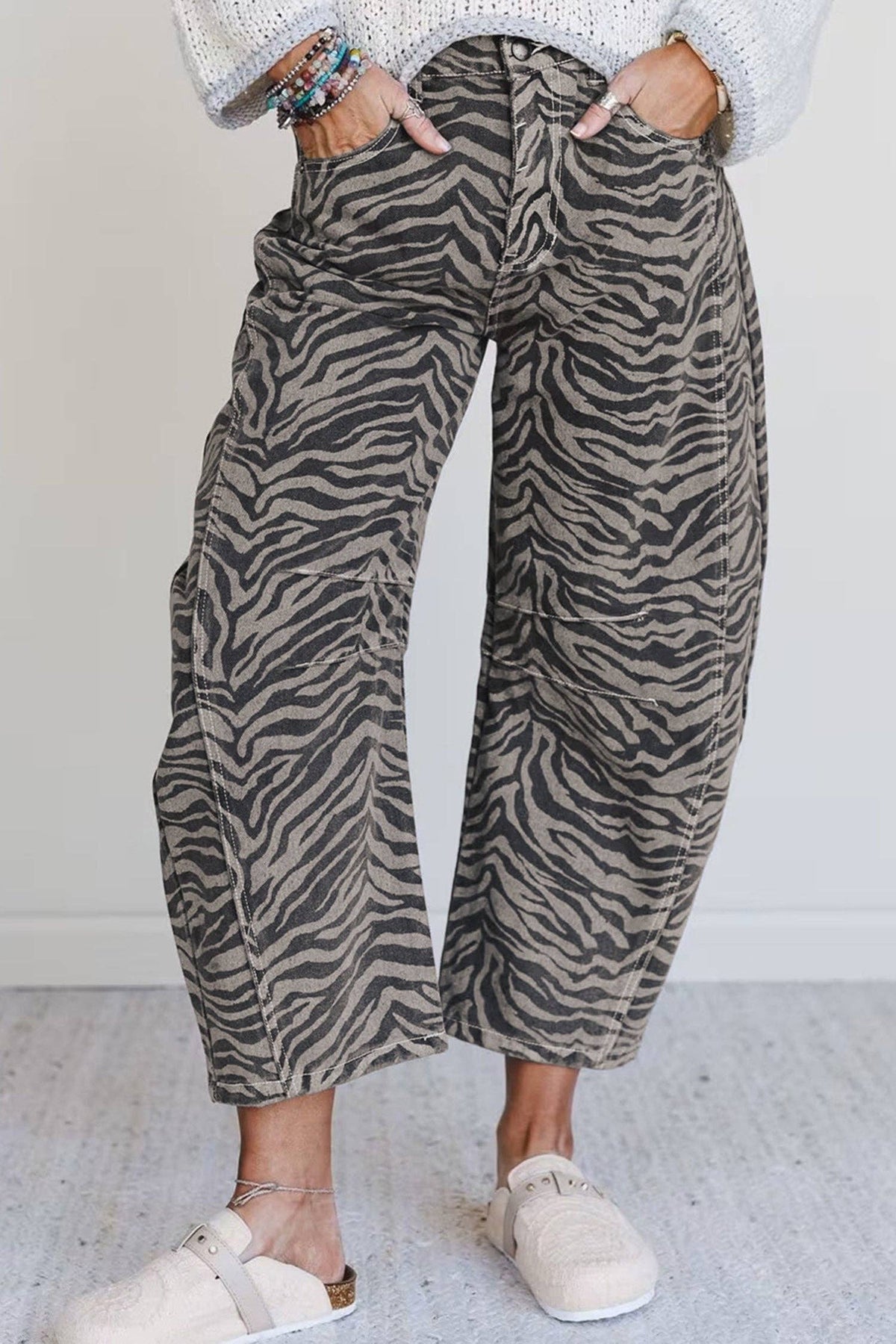 Gray Zebra Stripe Printed Wide Leg Jeans