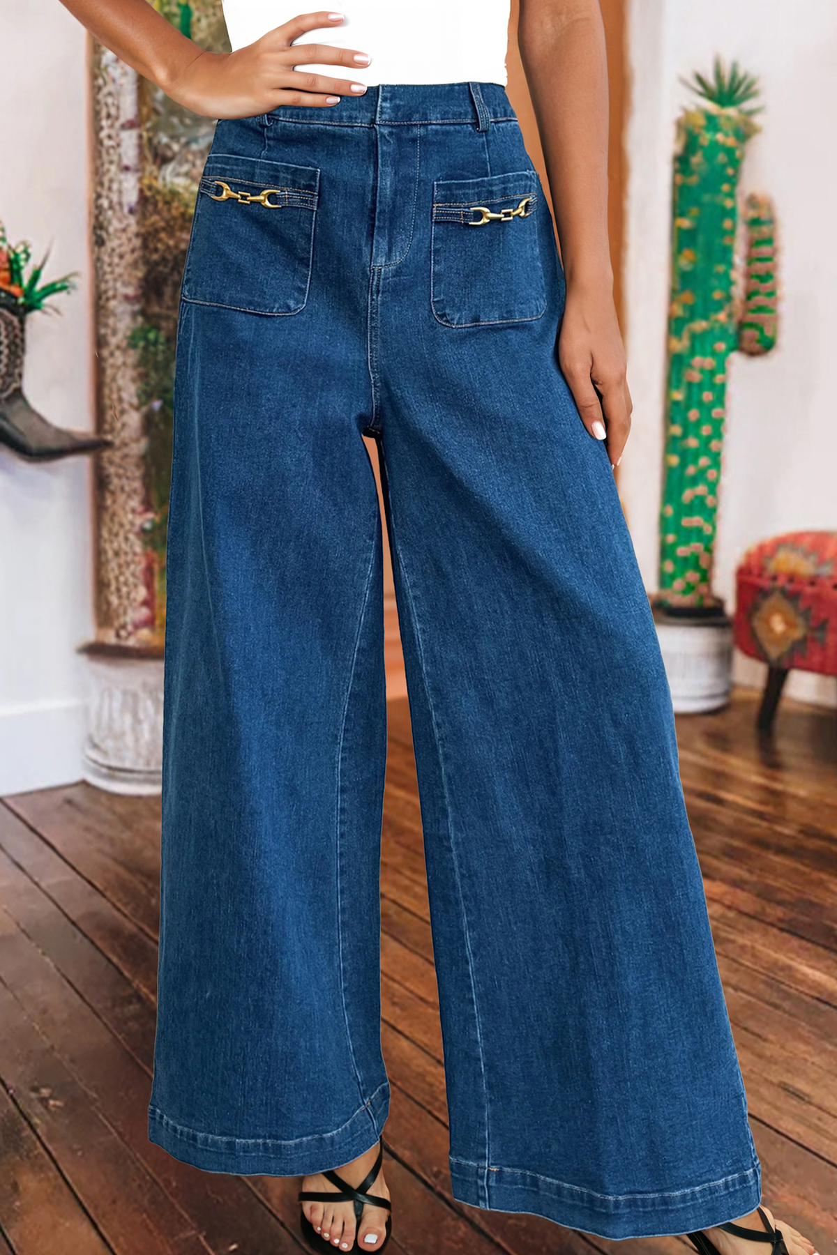 Western Hardware Decor Patched Pockets Denim Pants