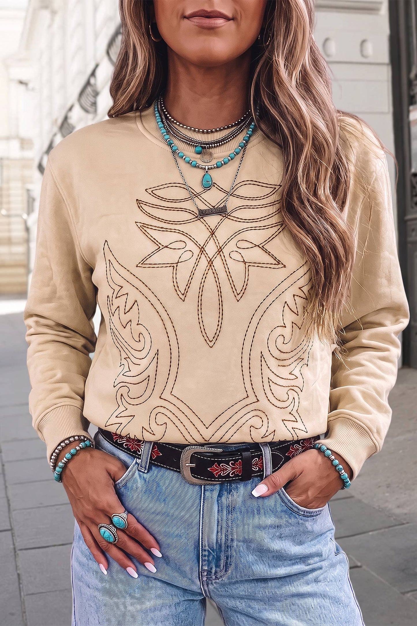 Western Embroidered Casual Pullover Sweatshirt