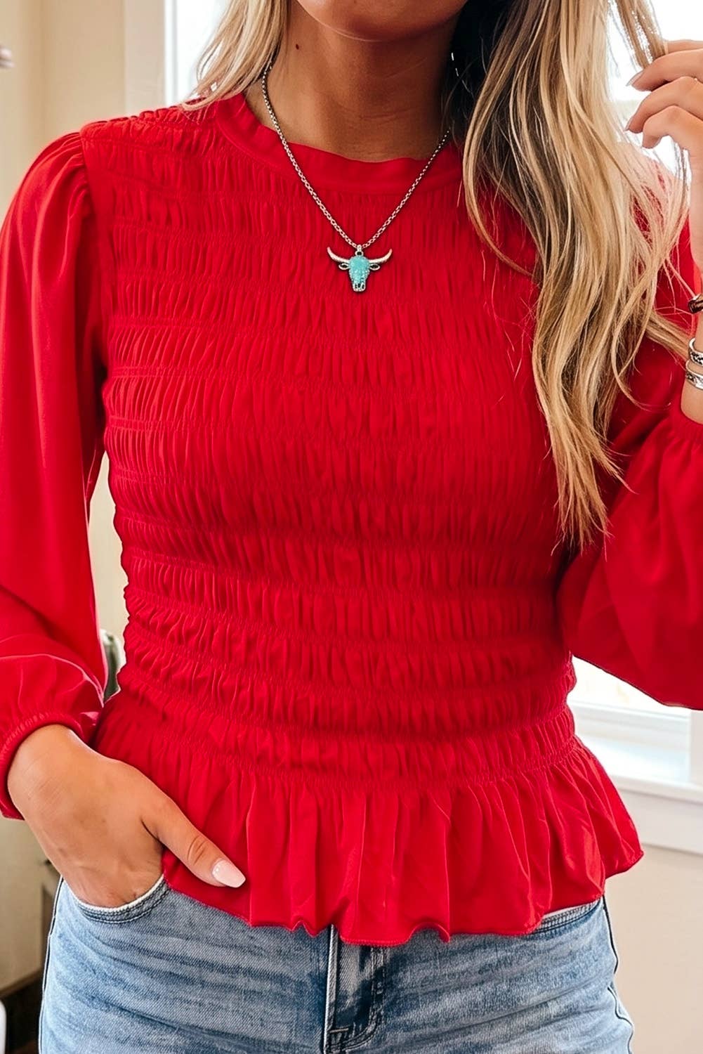 Shirred round neck peplum top- red
