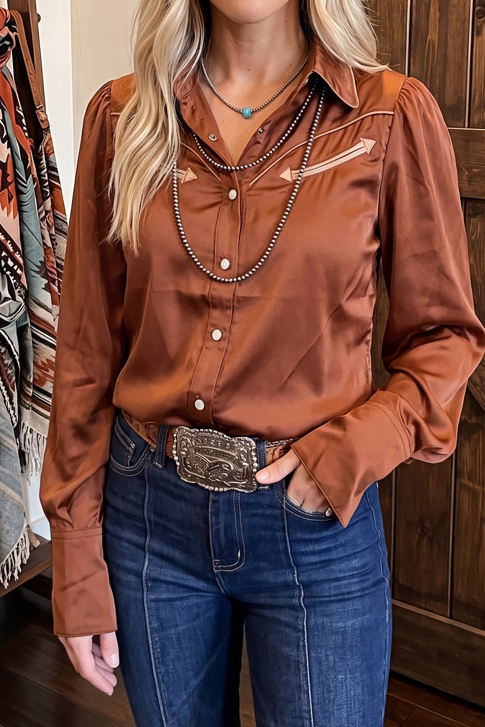 Western Pearl Snap Button Up Collar Long Sleeve Solid Shirt