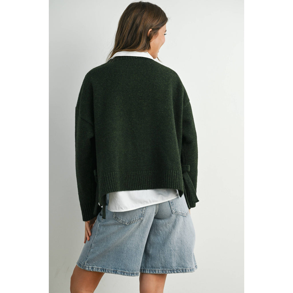 Tie Split-Hem Crewneck Long Sleeve Top - Olive
