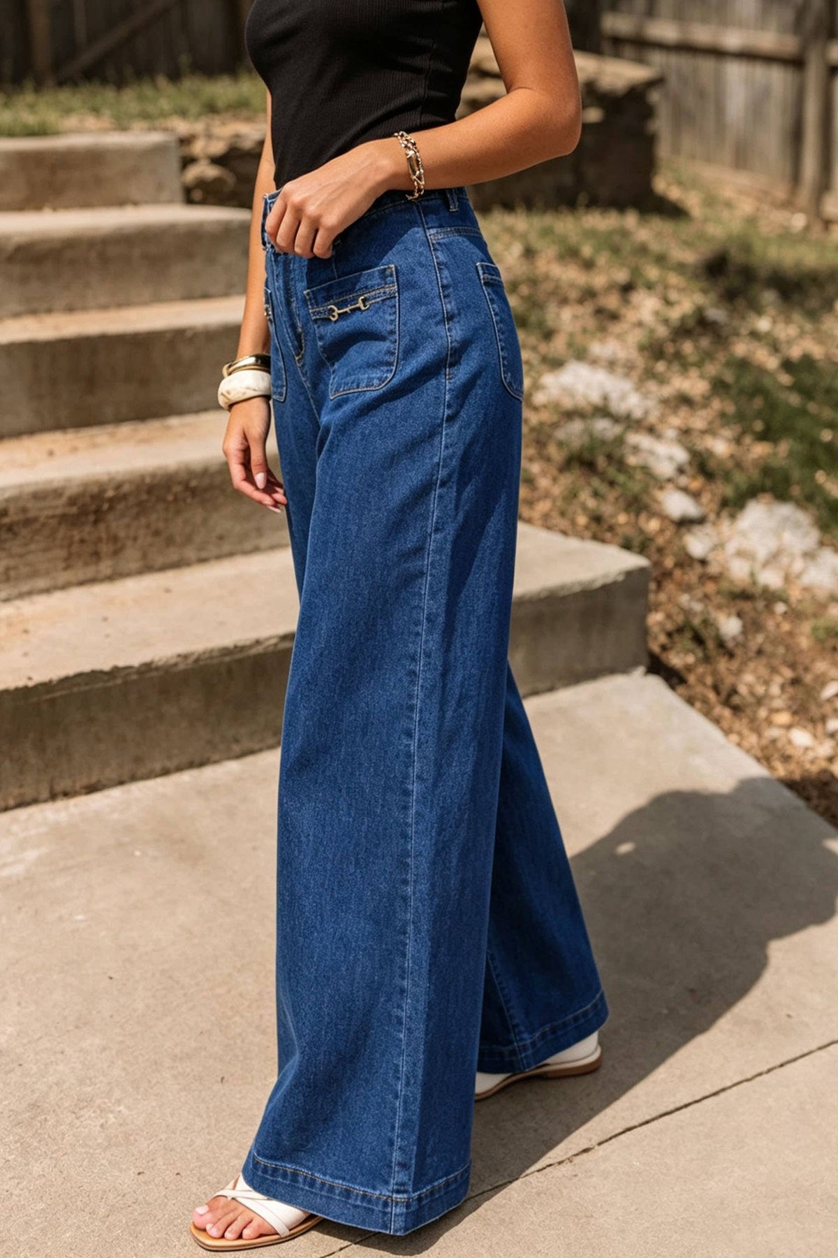 Western Hardware Decor Patched Pockets Denim Pants