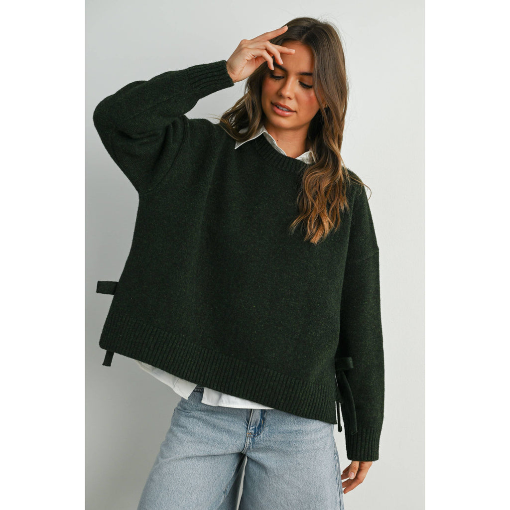 Tie Split-Hem Crewneck Long Sleeve Top - Olive