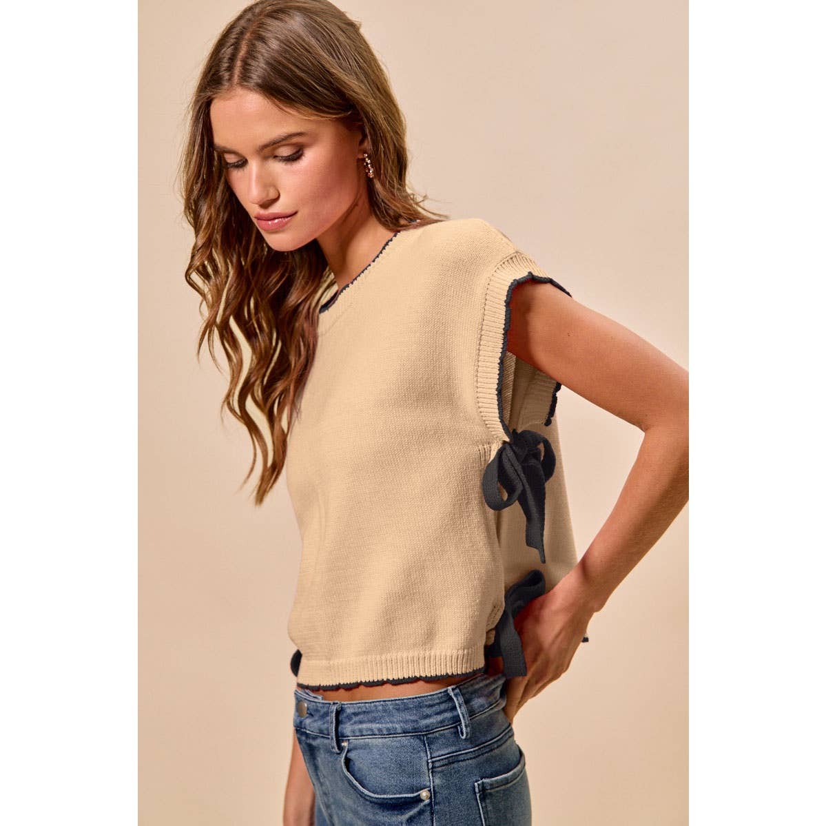 LIGHTWEIGHT SWEATER DOLMAN SIDE RIBBON TIE TOP
