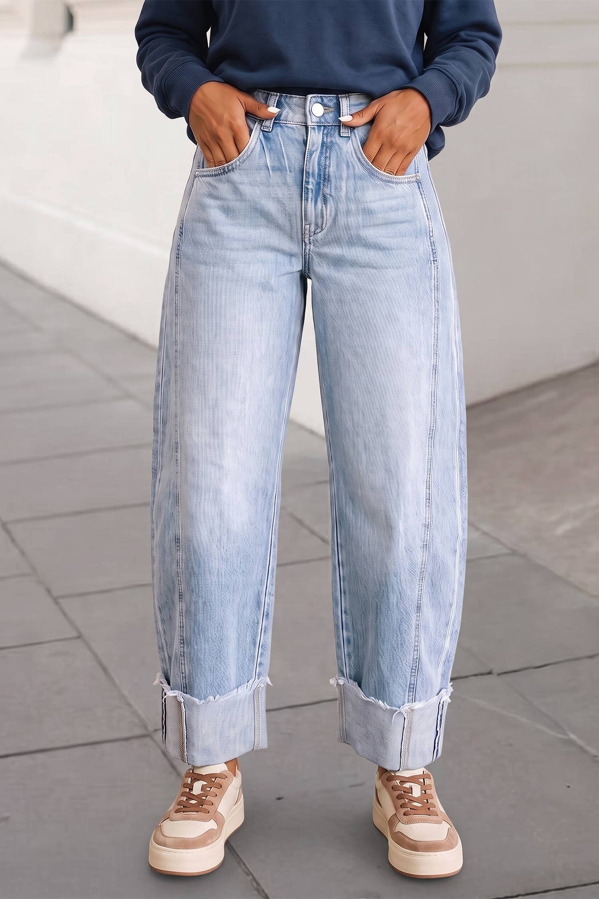 Raw Hem Turnup Loose Ankle-length Jeans
