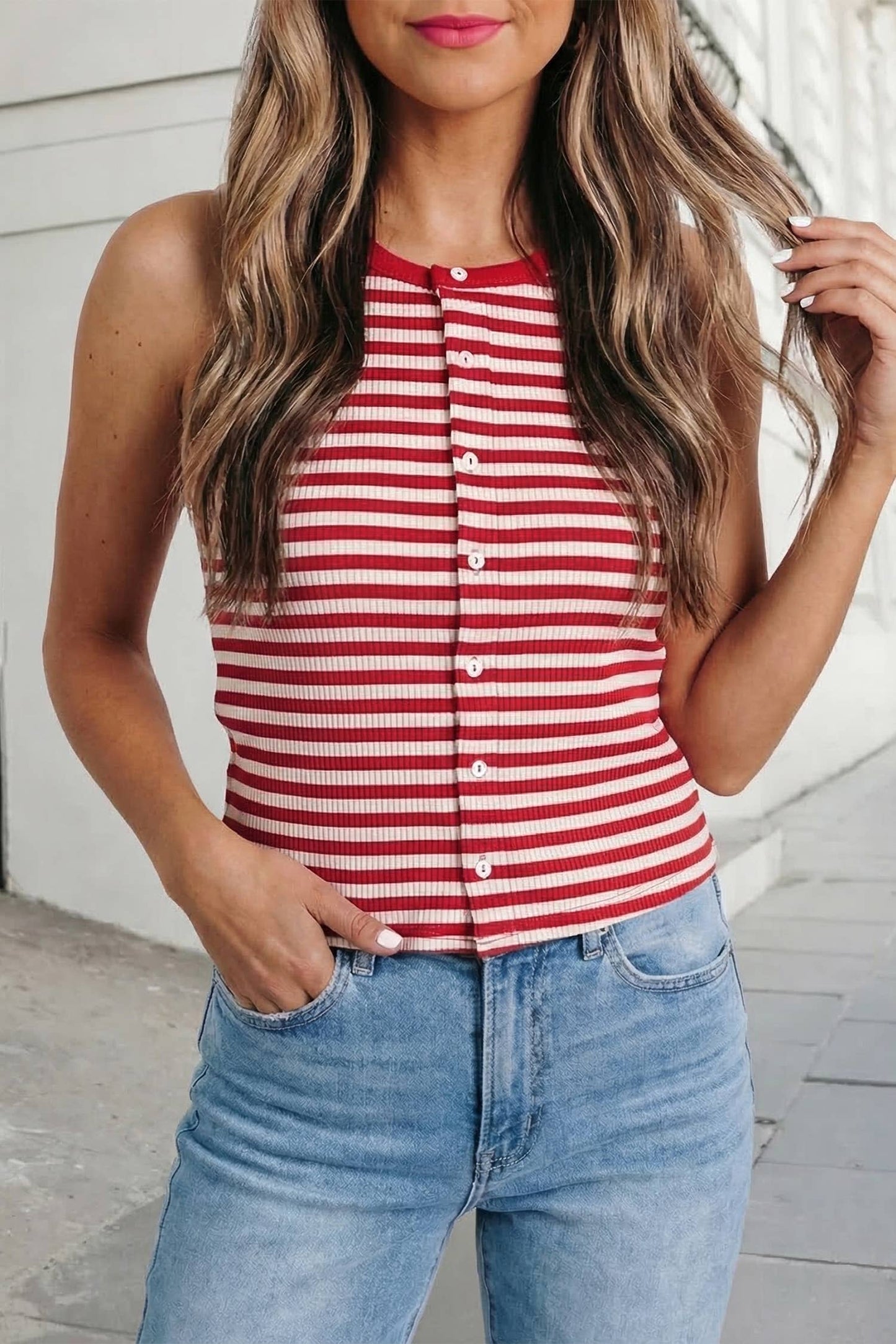 Stripe Buttoned Ribbed Knit Tank Top
