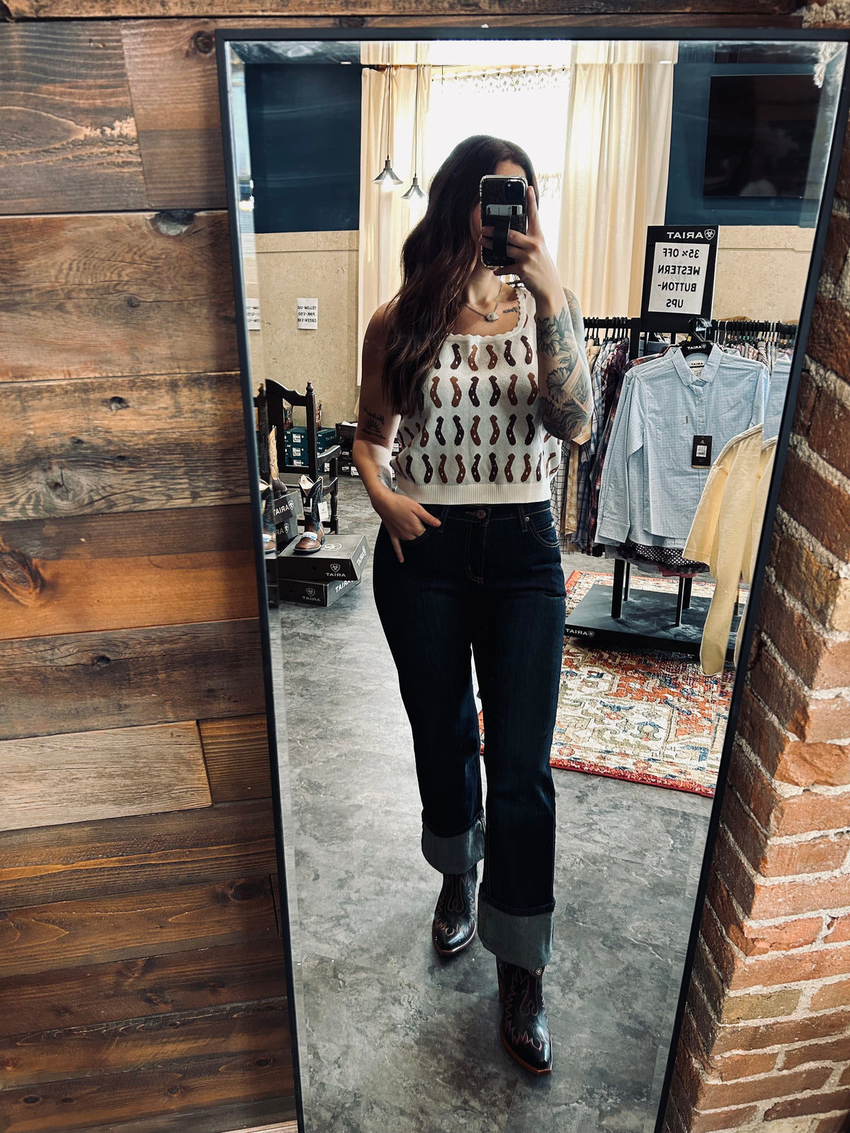 Western Print Scalloped Trim Sweater Vest