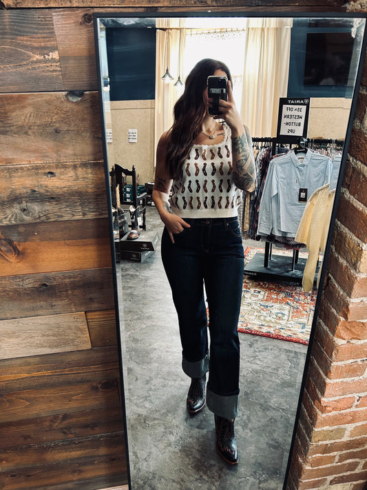 Western Print Scalloped Trim Sweater Vest