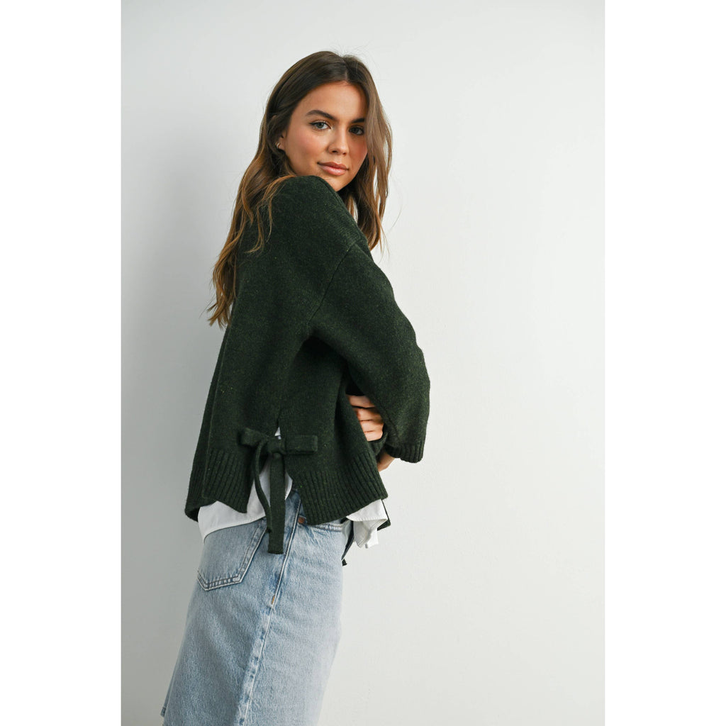 Tie Split-Hem Crewneck Long Sleeve Top - Olive