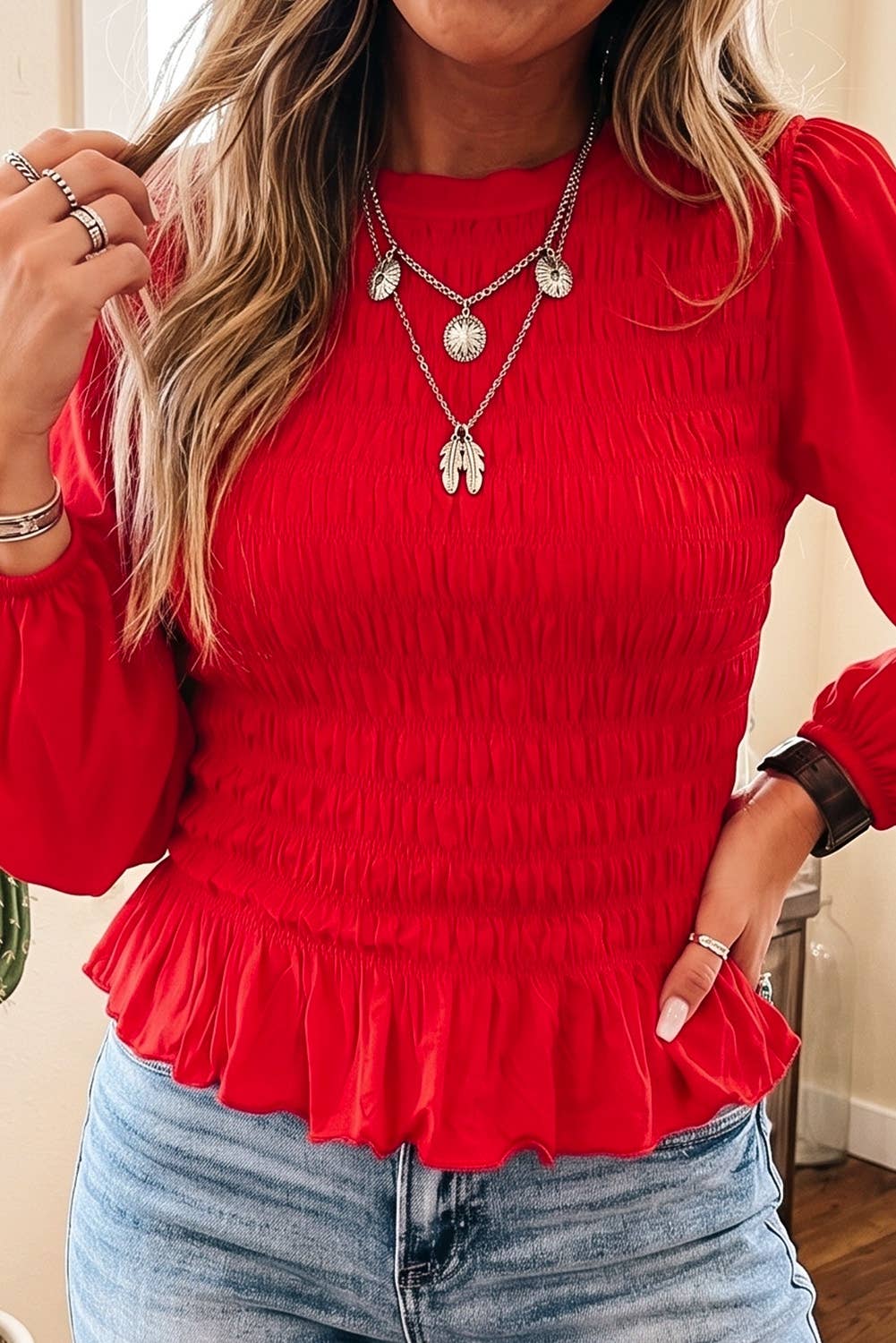 Shirred round neck peplum top- red
