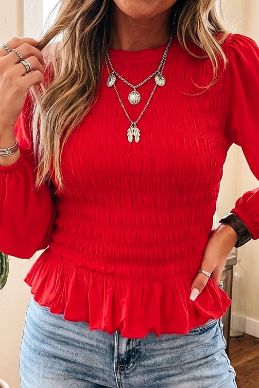 Shirred round neck peplum top- red