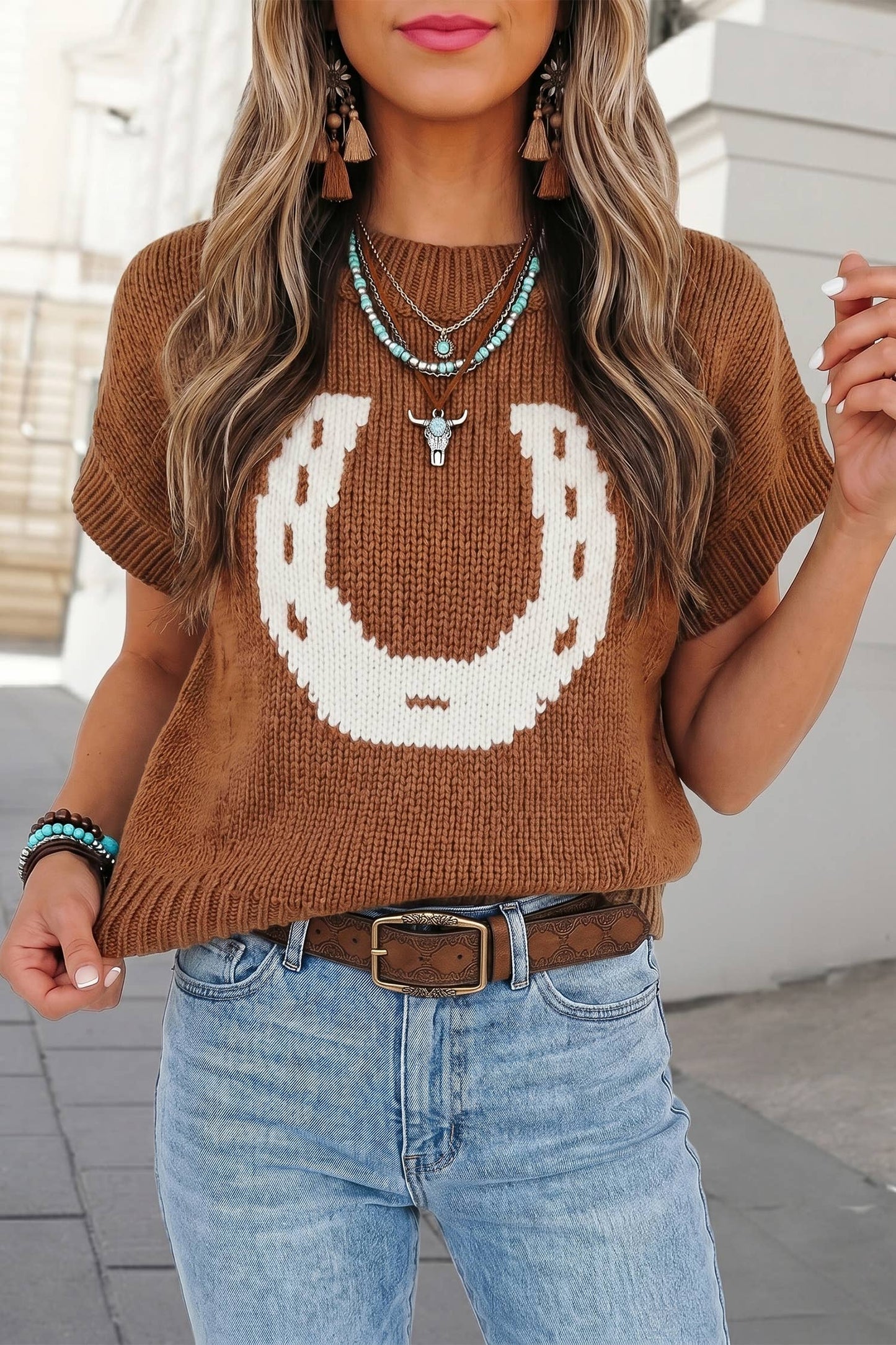 Western Horse Round Neck Knit T-Shirt