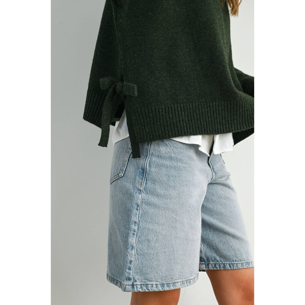 Tie Split-Hem Crewneck Long Sleeve Top - Olive