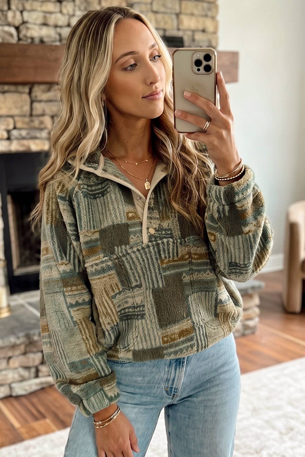 Western Print Fleece Pullover Casual Fit Sweatshirt