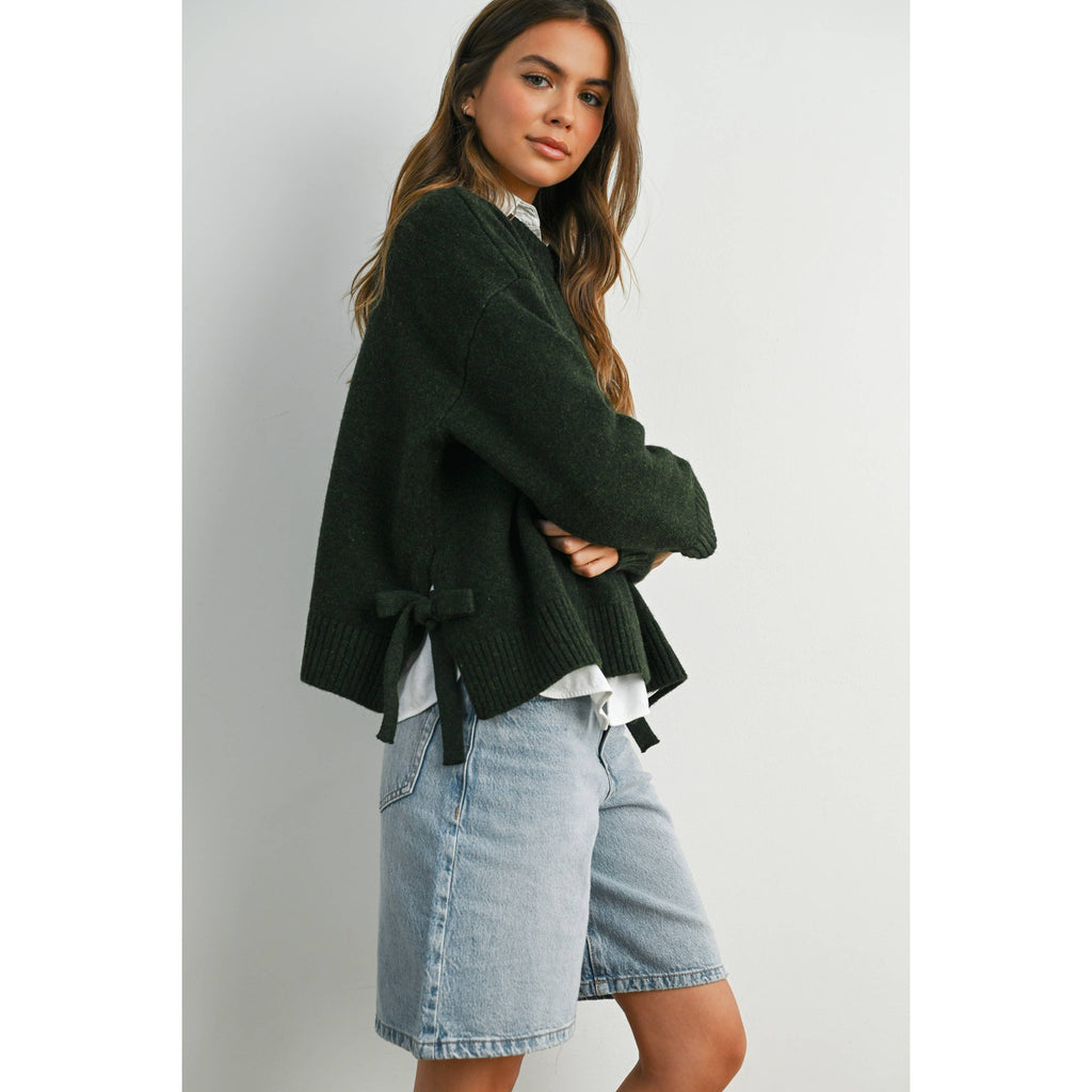 Tie Split-Hem Crewneck Long Sleeve Top - Olive