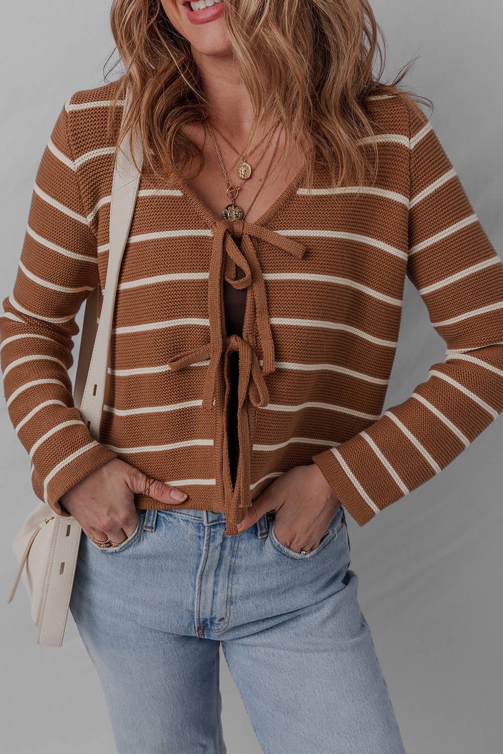 Stripe Knit Tie Front Cardigan Sweater