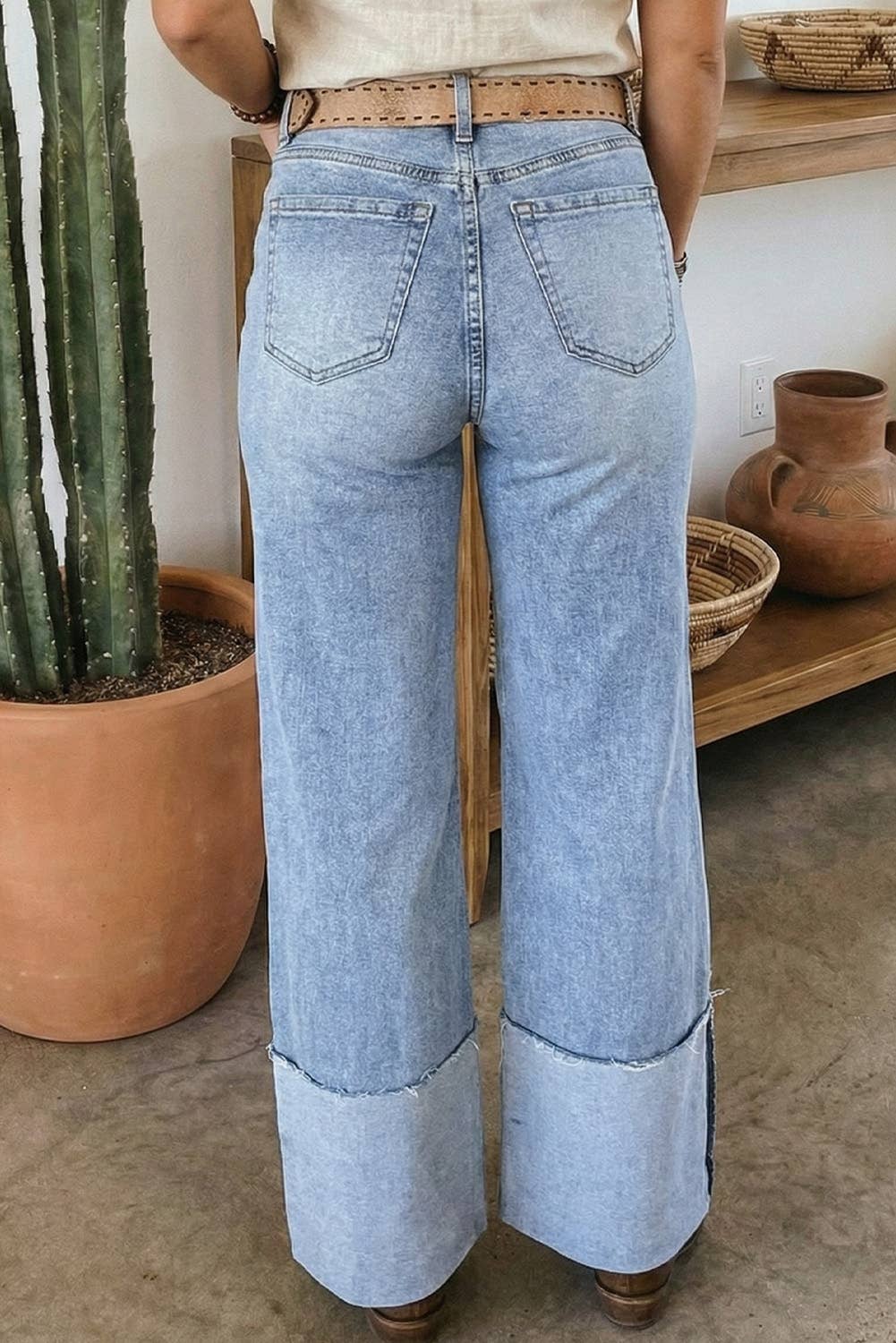 Button Solid Turn-up Cuffs Wide Leg Jeans