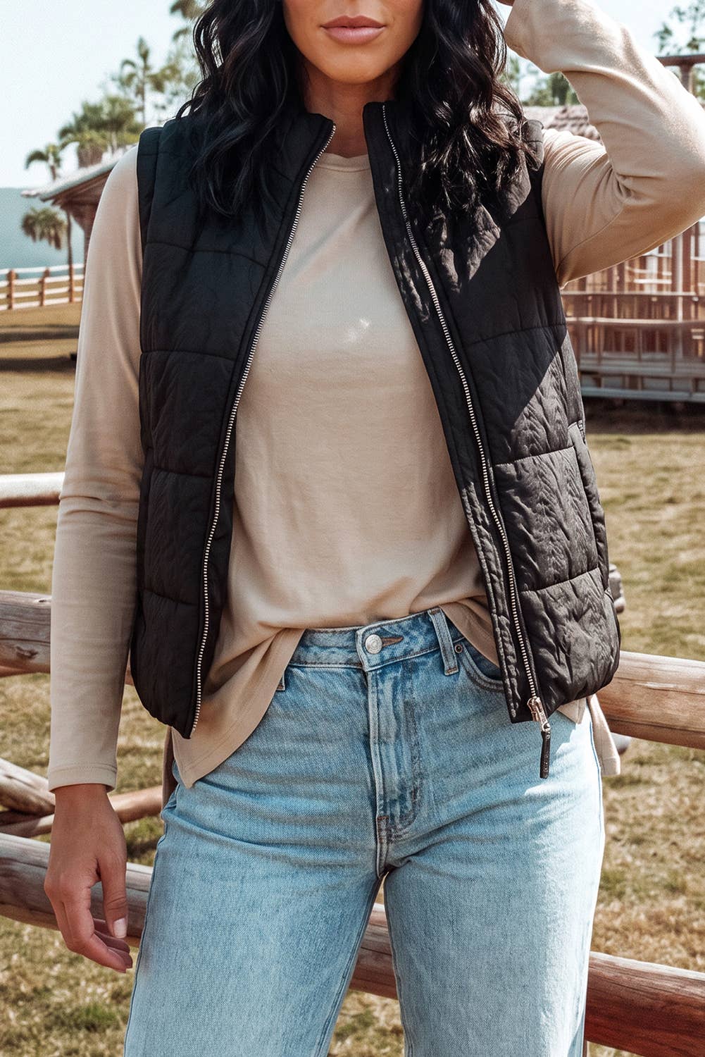 Textured Quilted Stand Neck Zipper Winter Vest