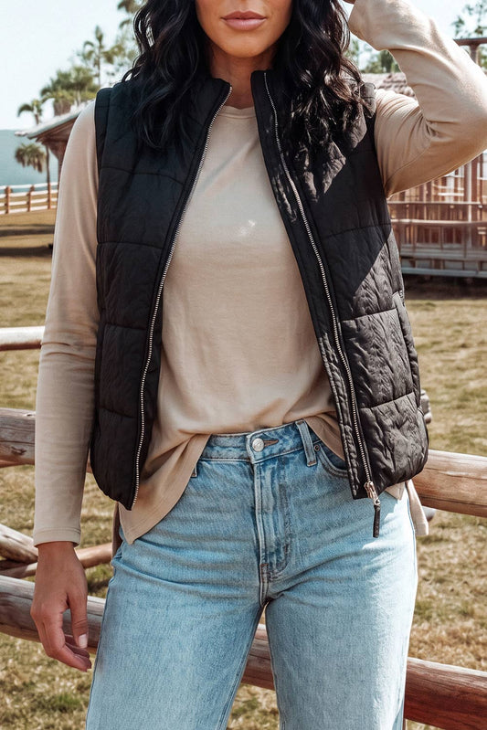 Textured Quilted Stand Neck Zipper Winter Vest