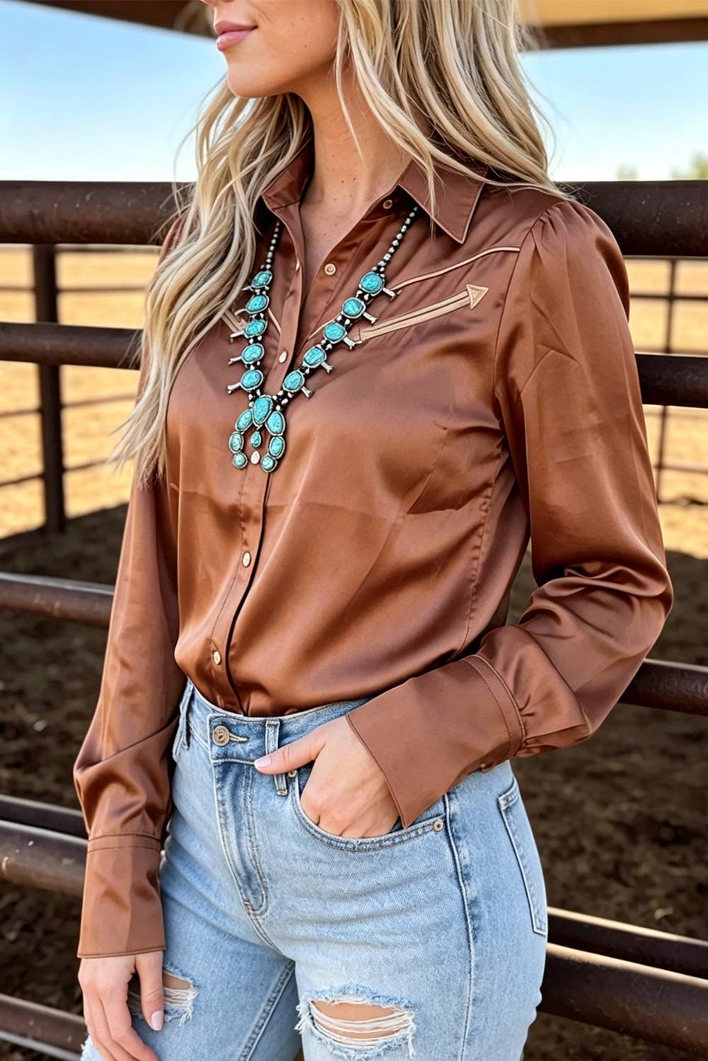 Western Pearl Snap Button Up Collar Long Sleeve Solid Shirt