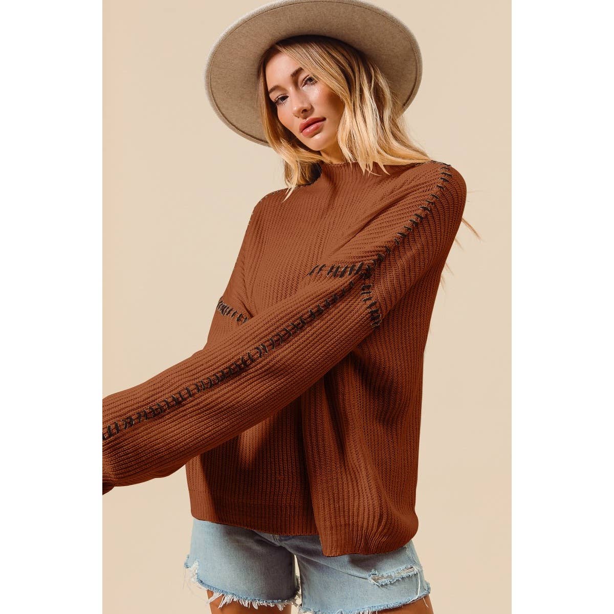 CONTRAST BLANKET STITCH LOOSE FIT SWEATER TOP