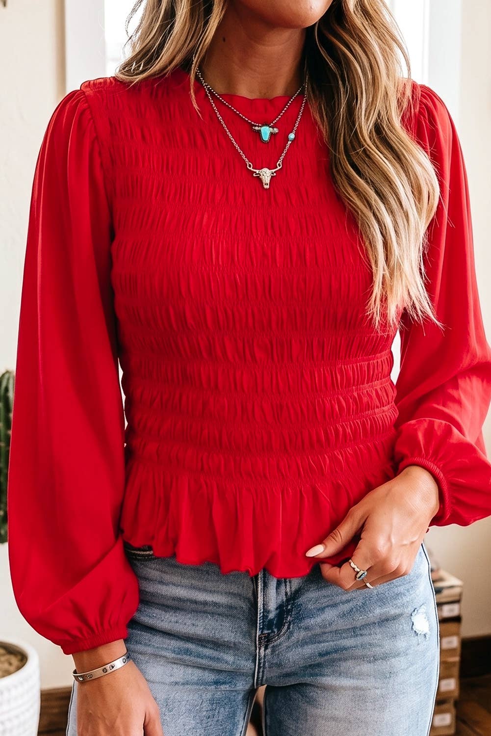Shirred round neck peplum top- red