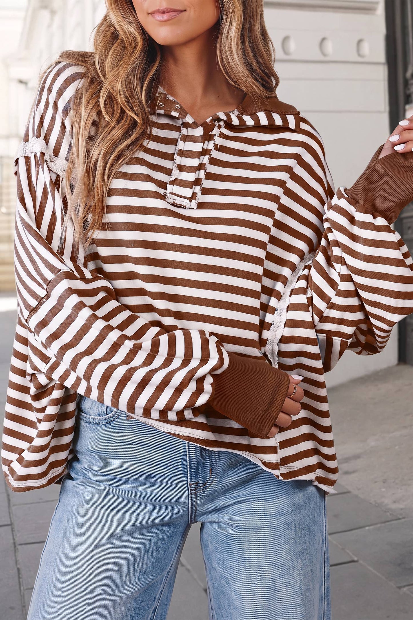 Striped Print Split Hem  Oversized Sweatshirt | S-XL : Blue Stripe / M