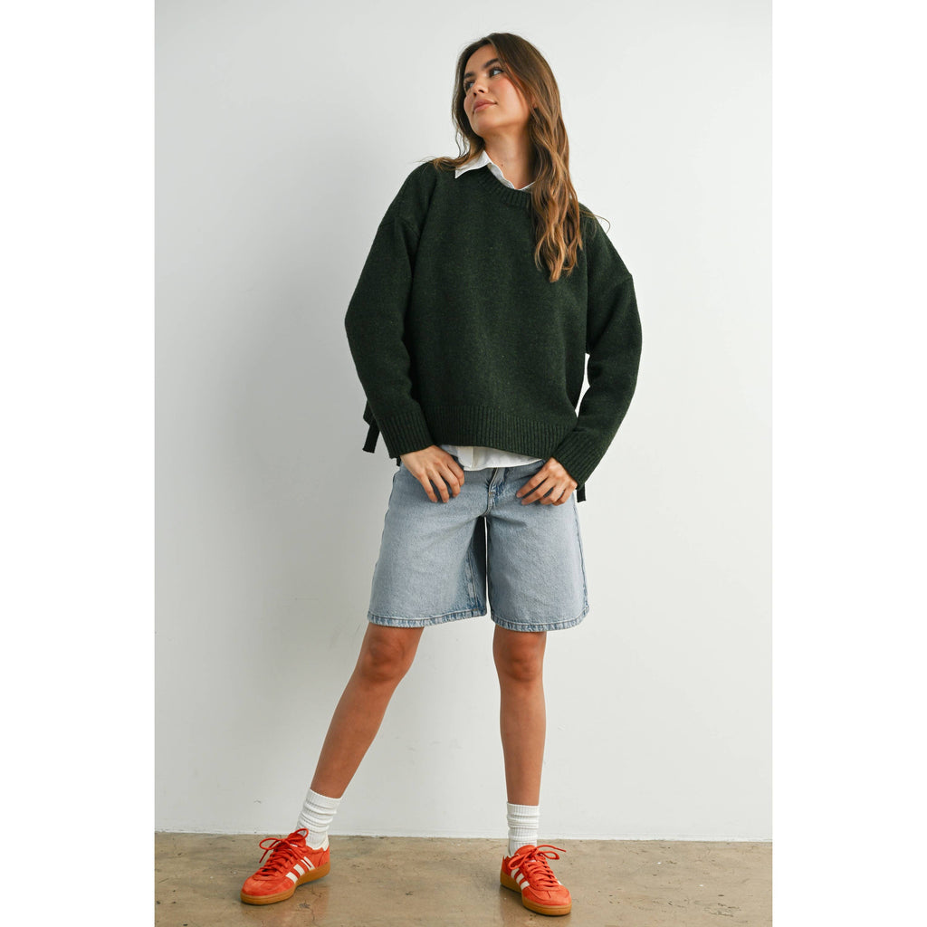 Tie Split-Hem Crewneck Long Sleeve Top - Olive