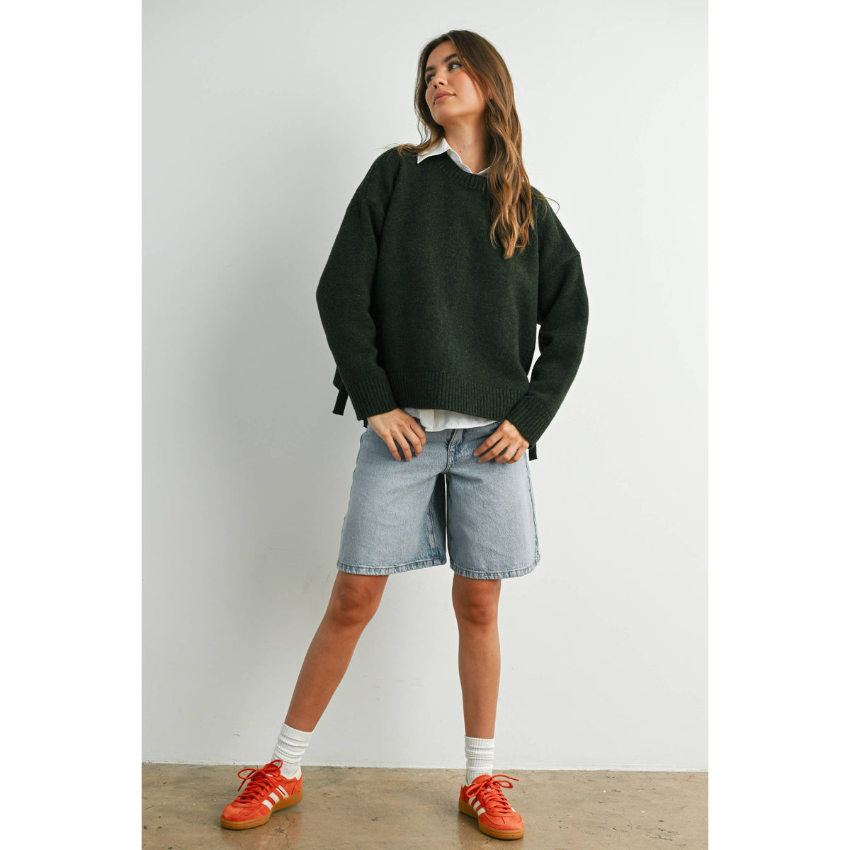 Tie Split-Hem Crewneck Long Sleeve Top - Olive
