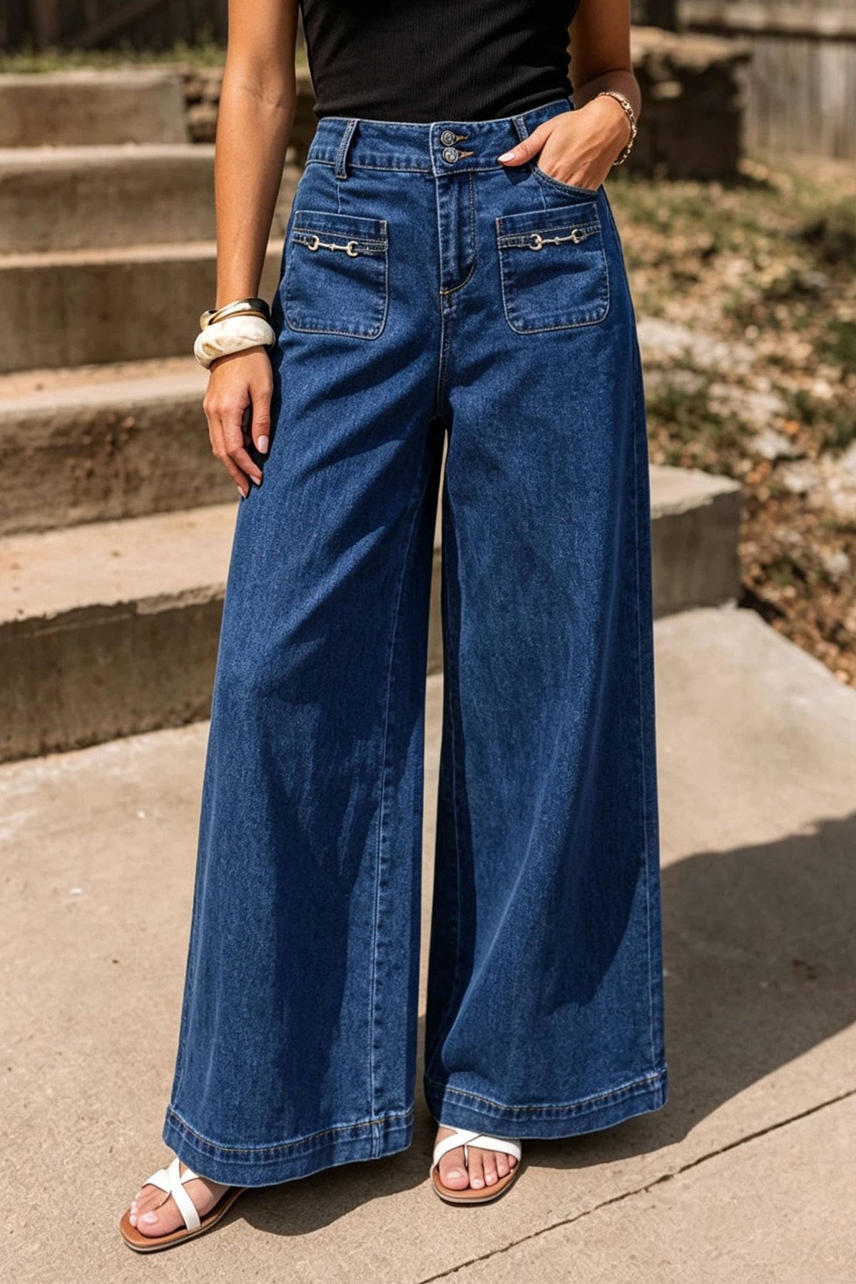 Western Hardware Decor Patched Pockets Denim Pants