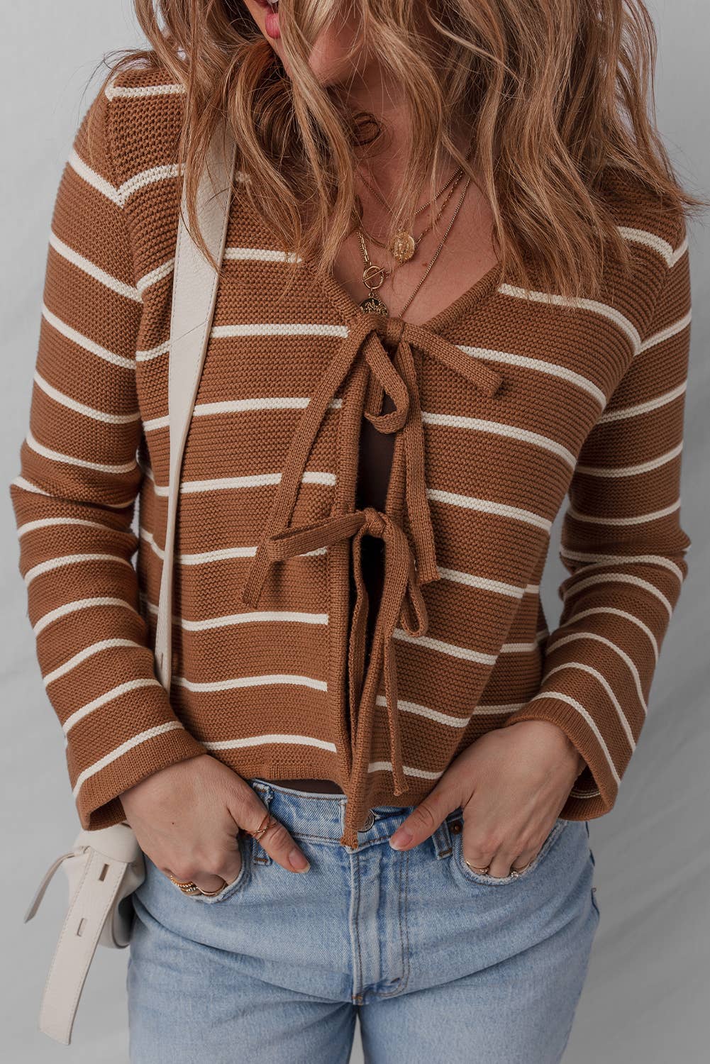 Stripe Knit Tie Front Cardigan Sweater