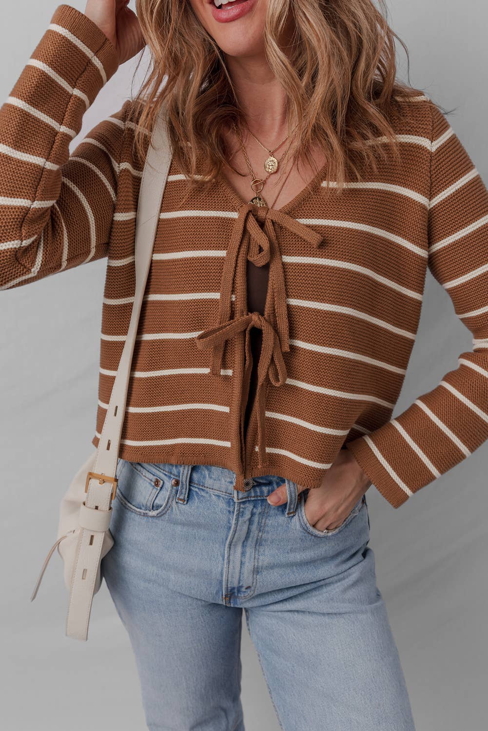 Stripe Knit Tie Front Cardigan Sweater